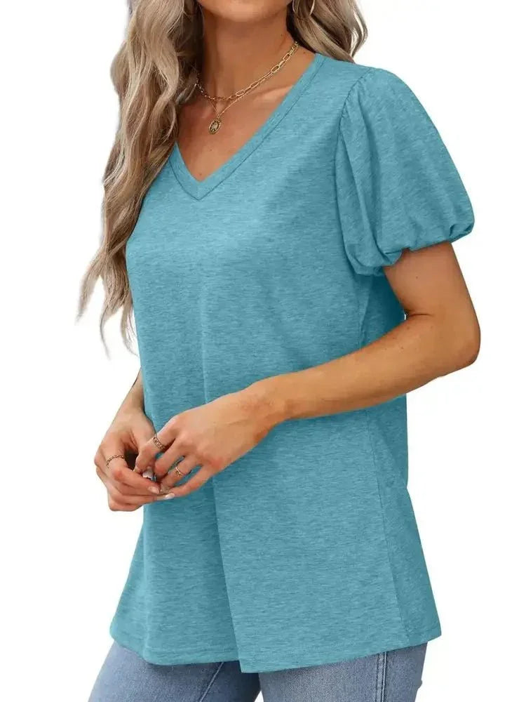 V - Neck Puff Sleeve Casual T-Shirt - Update AvenueT-ShirtsTrendsi1001008209250321001008209250320b7510470da94422a010954508b0ed44 - Max - OriginBlue