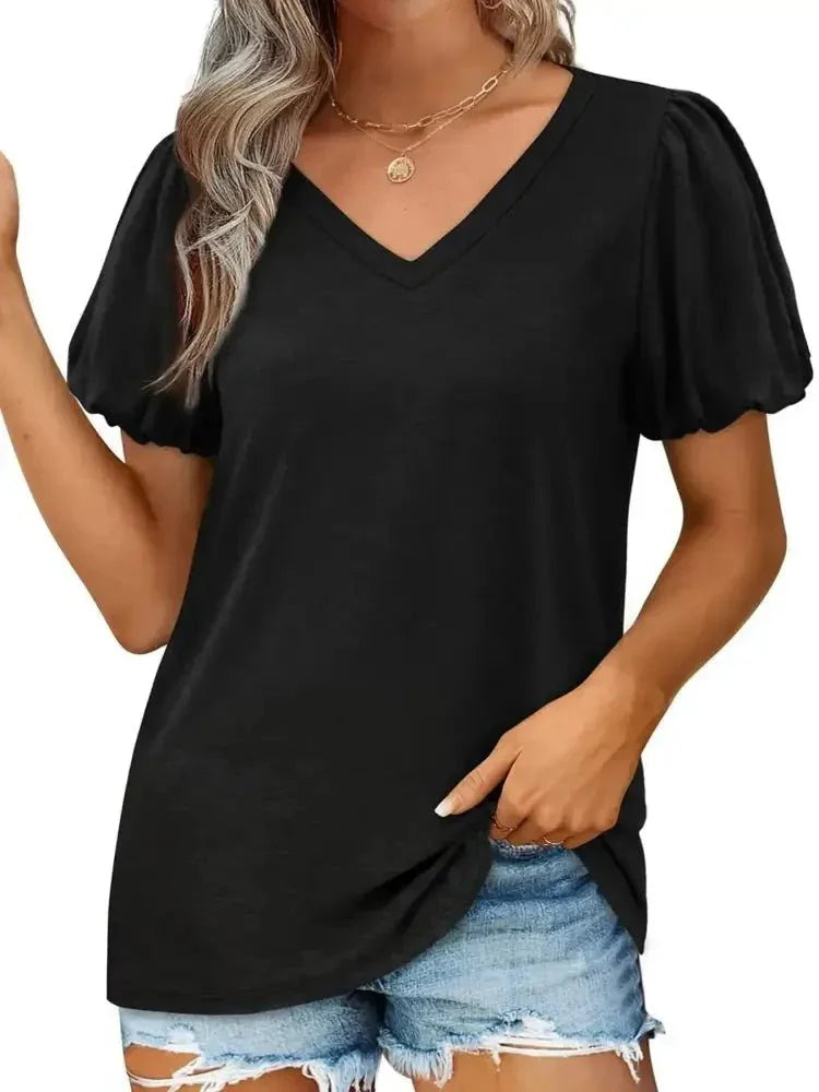 V - Neck Puff Sleeve Casual T-Shirt - Update AvenueT-ShirtsTrendsi100100820925893100100820925893c5cbfb48e8f74b9a9e8354b21937cd60 - Max - OriginBlack