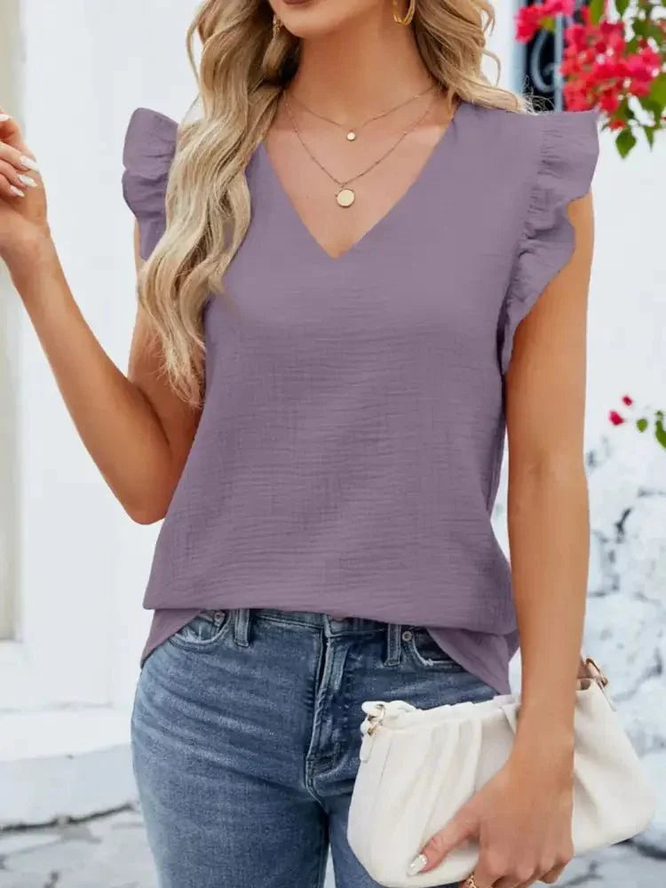 V - Neck Ruffled Sleeve Top - Update AvenueT-ShirtsTrendsi10010062164254010010062164254008d26b4b - 1d03 - 43c3 - 9be6 - 27c35e6b8b9a - Max - OriginLight Purple