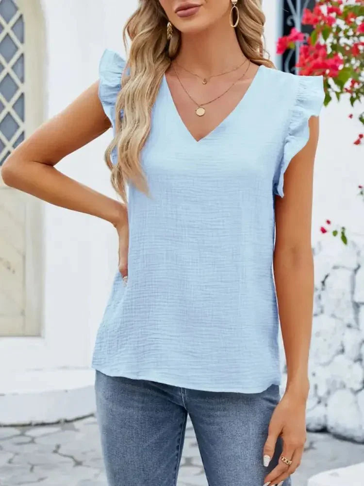 V - Neck Ruffled Sleeve Top - Update AvenueT-ShirtsTrendsi100100621643549100100621643549c6cf1d22 - 233b - 4c4d - 9588 - 6a07ed05847b - Max - OriginSky Blue