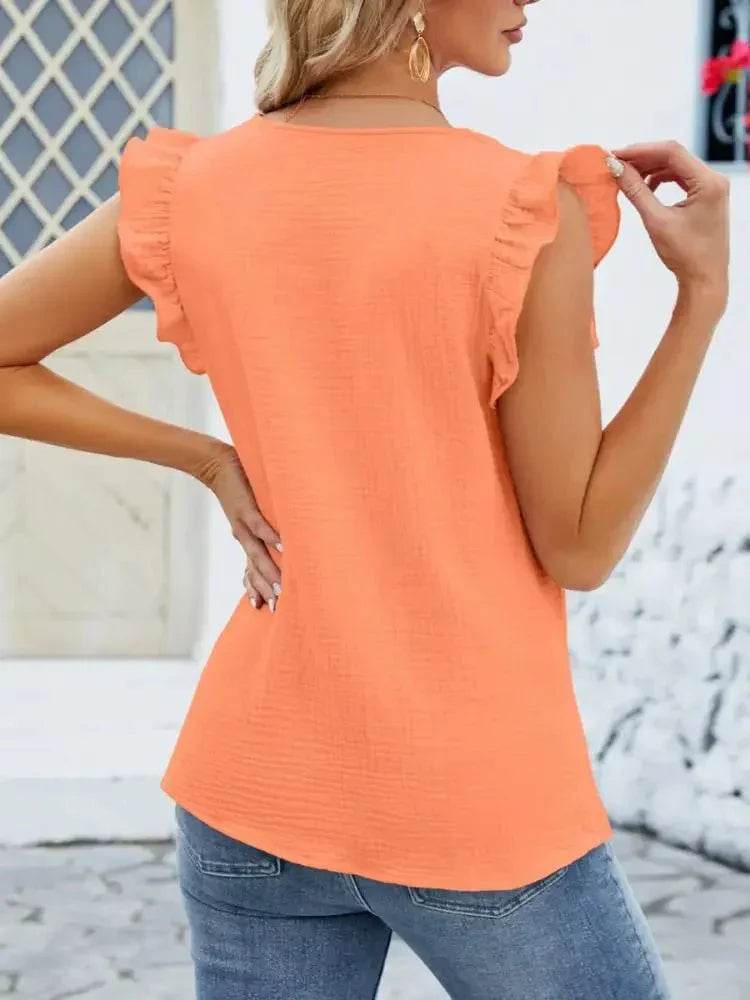 V - Neck Ruffled Sleeve Top - Update AvenueT-ShirtsTrendsi100100621644857100100621644857b257e566 - efc4 - 4a84 - 9220 - ddb0a41a2c8c - Max - OriginOrange Red