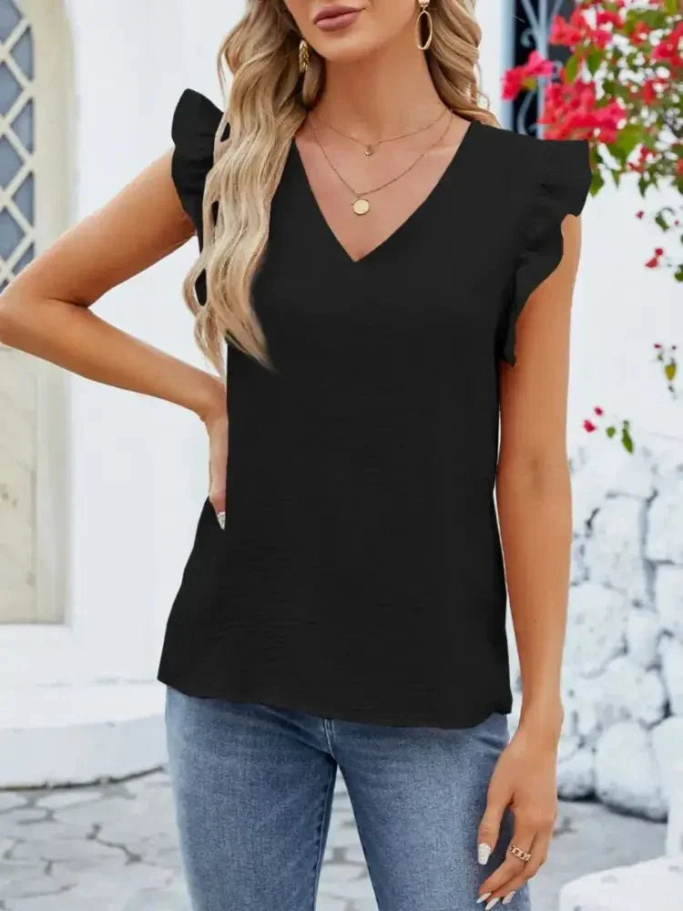 V - Neck Ruffled Sleeve Top - Update AvenueT-ShirtsTrendsi100100621649975100100621649975fc287f83 - a31d - 43c8 - bbc1 - 2494d253afd3 - Max - OriginBlack