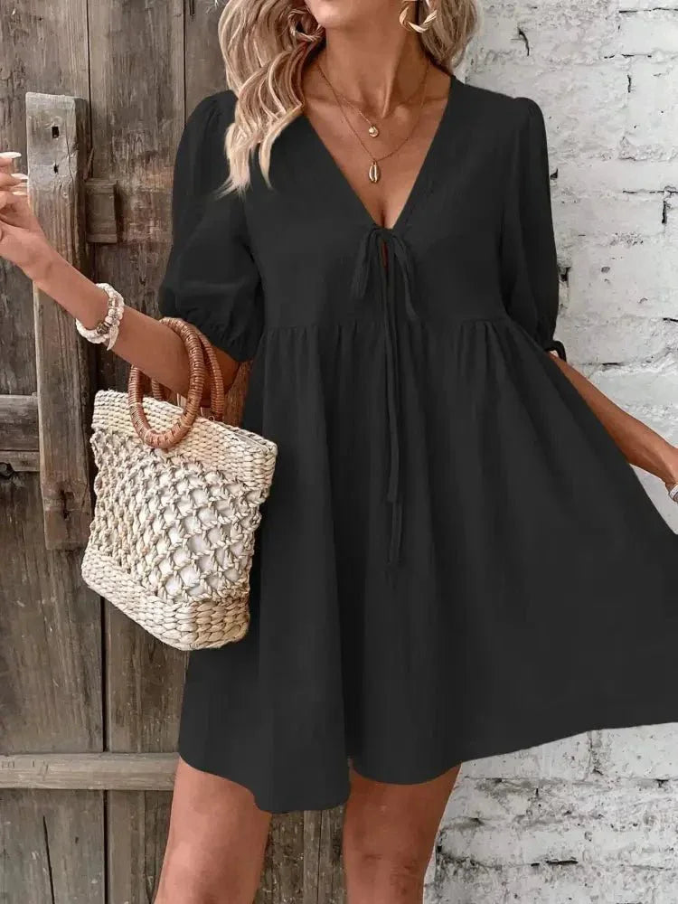 V - Neck Tie - Front Mini Dress with Puff Sleeves - Update AvenueTrendsi100100632001836100100632001836cc484f6be5b349b4a3268a78416e29a9 - Max - OriginBlack