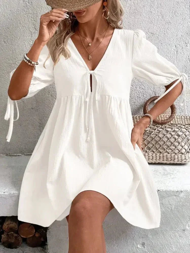 V - Neck Tie - Front Mini Dress with Puff Sleeves - Update AvenueTrendsi10010063200537510010063200537539d2e95ee4064b3cb15fee0cb57d49ac - Max - OriginWhite