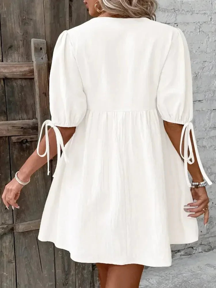 V - Neck Tie - Front Mini Dress with Puff Sleeves - Update AvenueTrendsi1001006320053751001006320053752402a137a3274c909fd0df9c39262c2b - Max - OriginWhite