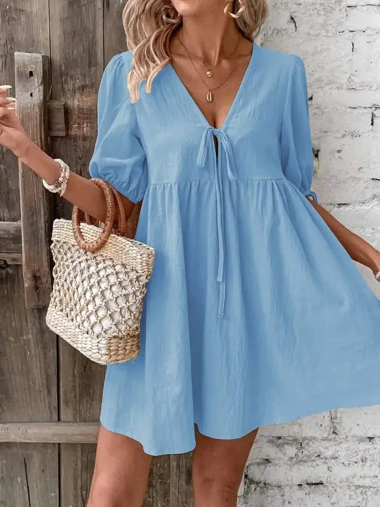 V - Neck Tie - Front Mini Dress with Puff Sleeves - Update AvenueTrendsi100100632008562100100632008562cf19a7874d774862ae6f6f39a109b3e0 - Max - OriginBlue