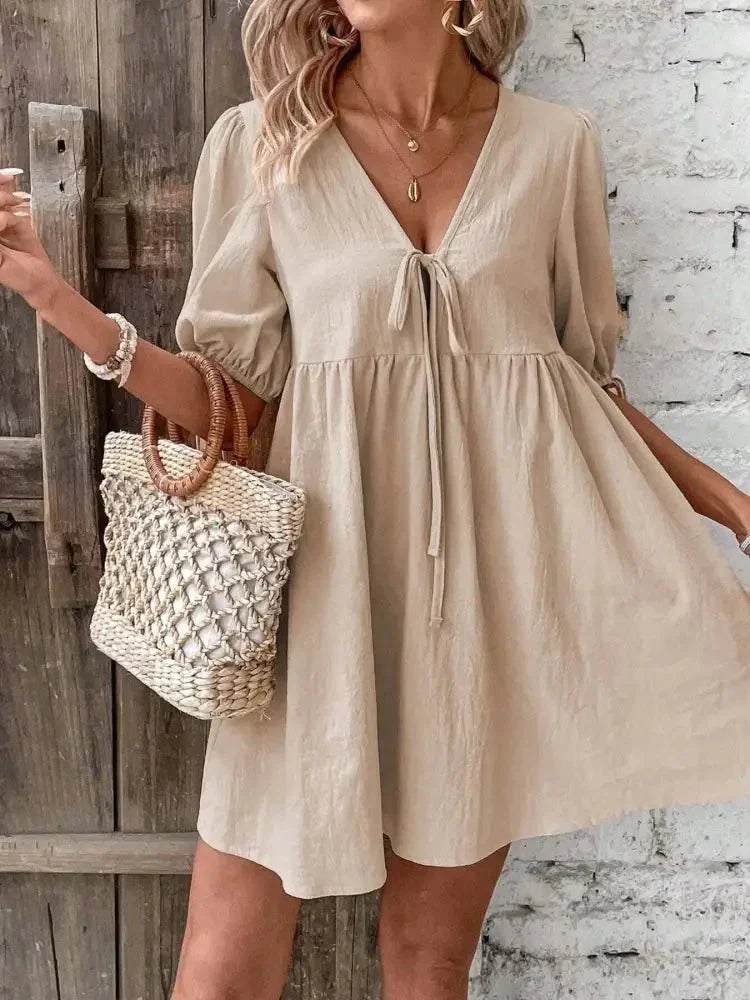 V - Neck Tie - Front Mini Dress with Puff Sleeves - Update AvenueTrendsi100100632009502100100632009502b109d95eb7724b509fc5222cb3d5f888 - Max - OriginKhaki