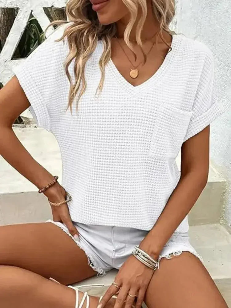 Waffle Knit V - Neck Casual T-Shirt - Update AvenueT-ShirtsTrendsi10010007269260110010007269260154d9675cd8ec4dc5952d69ed503eb642 - Max - OriginWhite