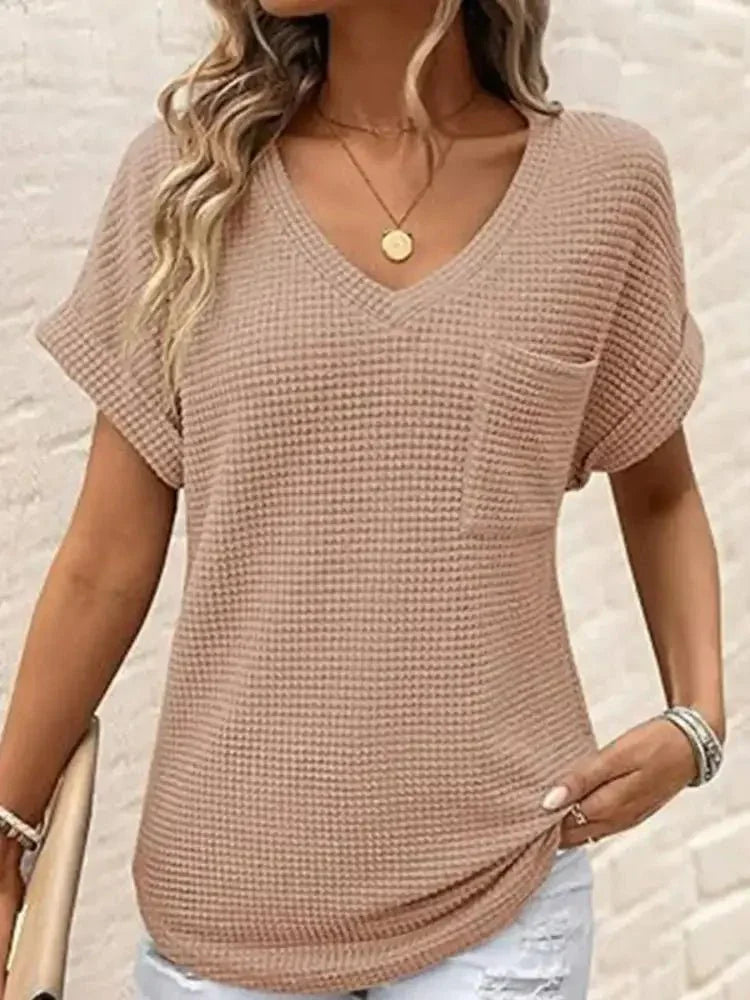 Waffle Knit V - Neck Casual T-Shirt - Update AvenueT-ShirtsTrendsi100100072693110100100072693110c1b446215ac04b119a84d553f4a48b1b - Max - OriginPink