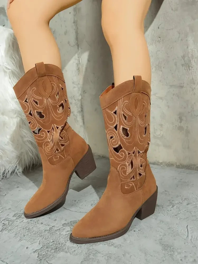 Western Cutout Pattern Block Heel Boots