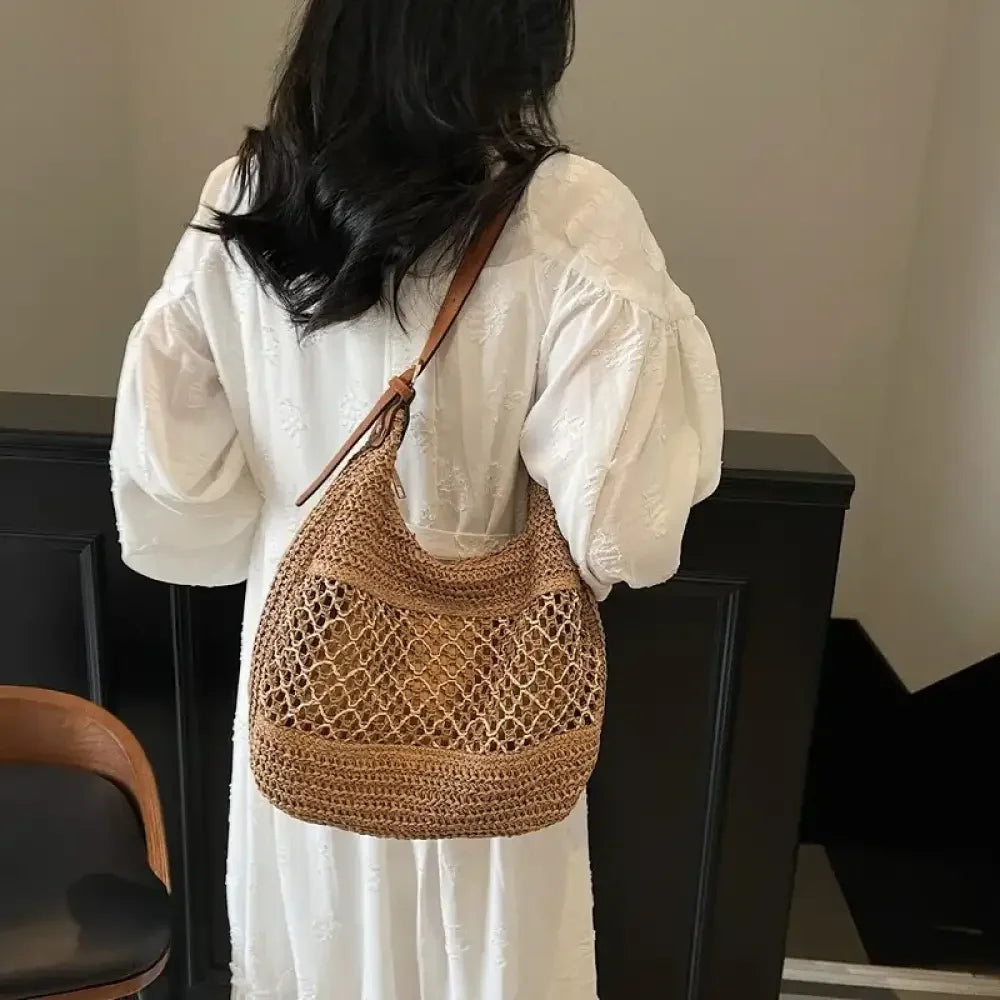 Woven Straw Crescent Shoulder Bag
