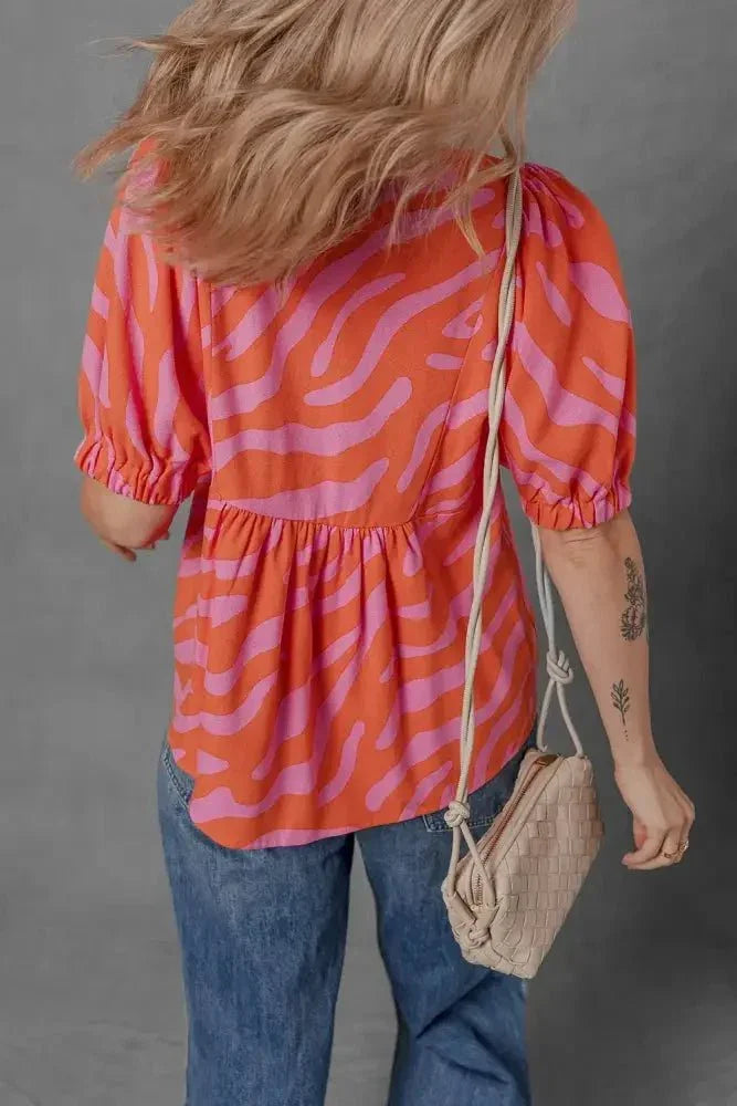 Zebra Stripe Print Ruched Cuff Half Sleeve V Neck Blouse - Update AvenueTrendsi100100486016529100100486016529c785f9e1 - f453 - 495e - 908e - 45b8f4a93771 - Max - OriginBurnt Coral