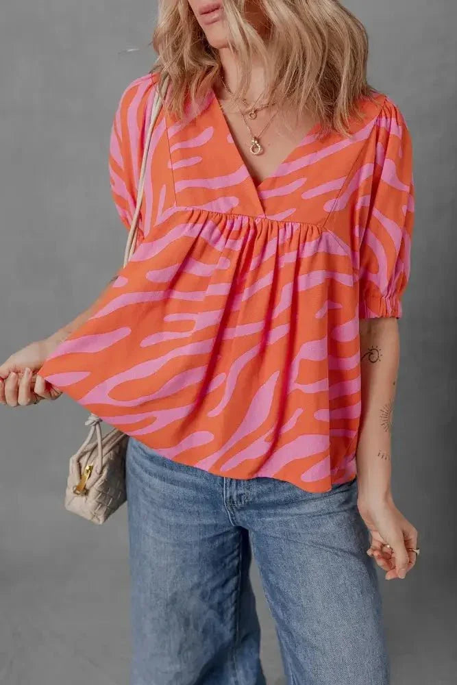 Zebra Stripe Print Ruched Cuff Half Sleeve V Neck Blouse - Update AvenueTrendsi1001004860165291001004860165299f396d03 - c643 - 4a03 - 82b9 - e94eb8d4bd42 - Max - OriginBurnt Coral