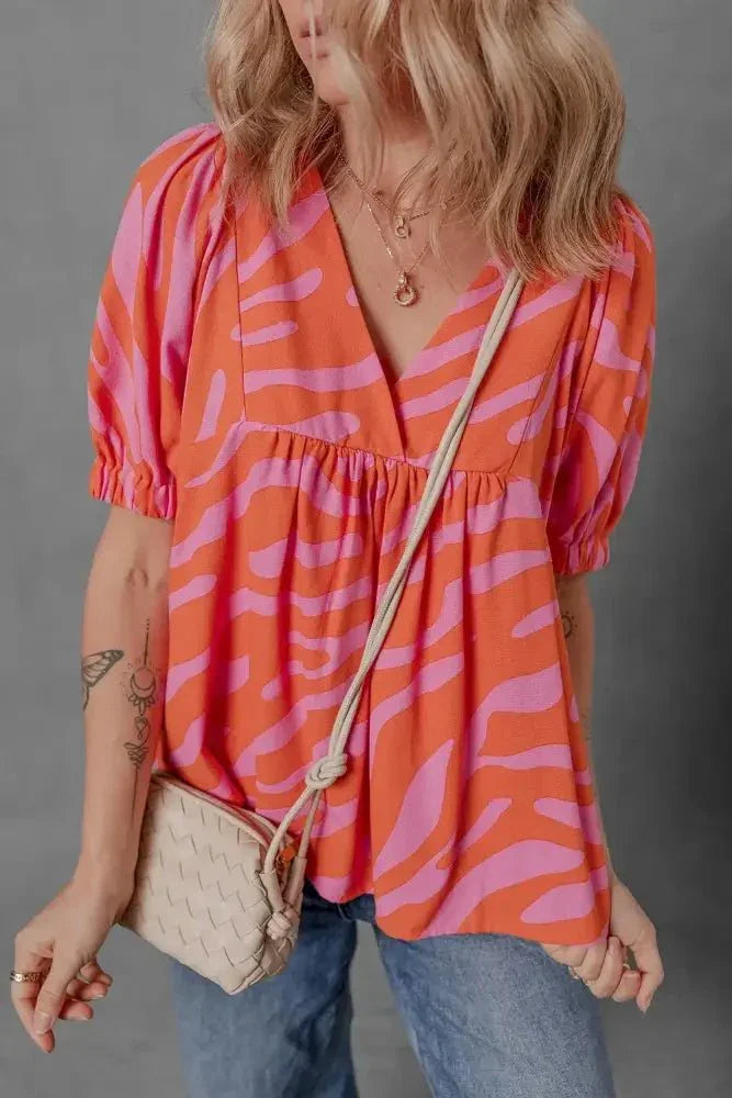 Zebra Stripe Print Ruched Cuff Half Sleeve V Neck Blouse - Update AvenueTrendsi100100486016529100100486016529c97a445f - 6135 - 49dc - b9ab - d3c996df9888 - Max - OriginBurnt Coral