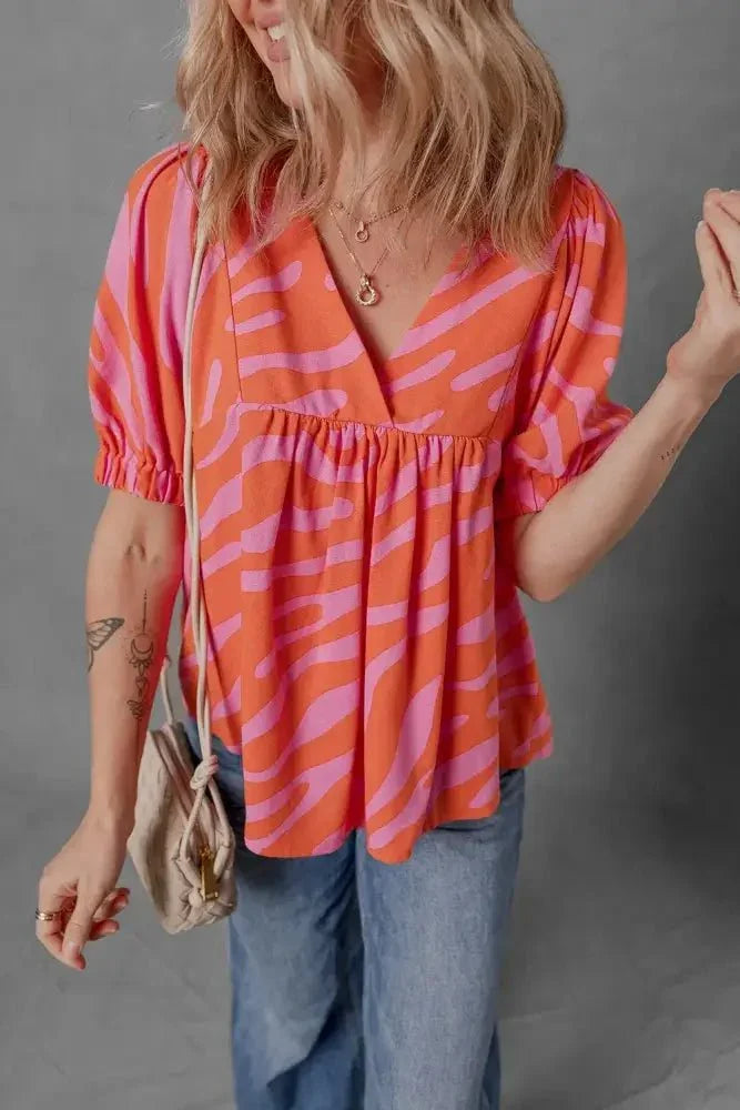 Zebra Stripe Print Ruched Cuff Half Sleeve V Neck Blouse - Update AvenueTrendsi10010048601652910010048601652997ce34a2 - 8a9e - 41a4 - 991d - cb89f9dd34a8 - Max - OriginBurnt Coral