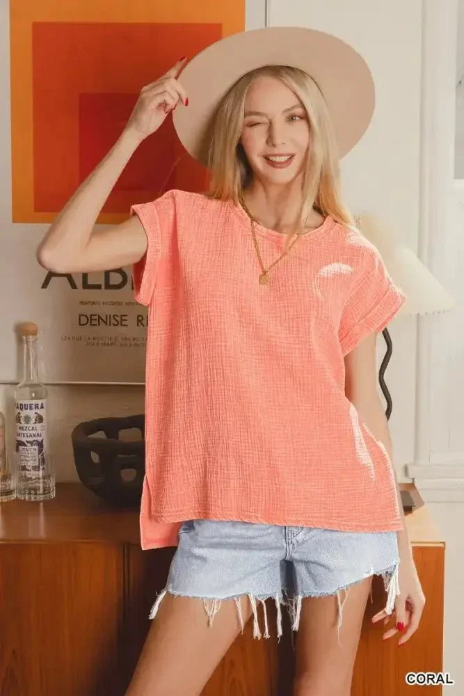Zenana Woven Double Gauze Acid Washed Short Sleeve Top - Update AvenueT-ShirtsTrendsi100100724371151100100724371151f680633eac574b01b34ec991b1e48786 - Max - OriginCORAL