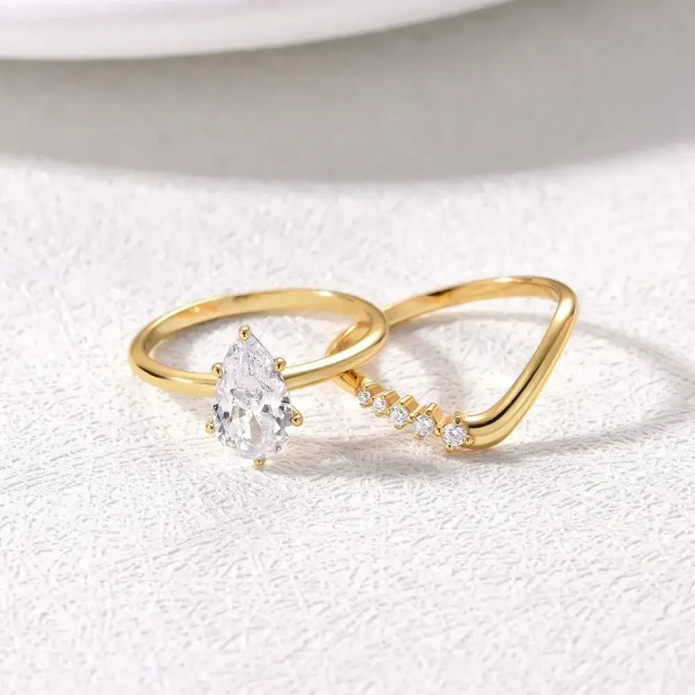1.5 Carat Moissanite Teardrop Ring 2pcs Set