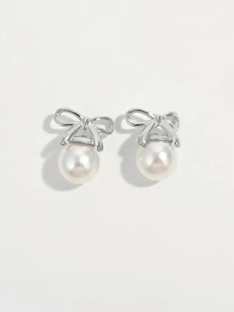 925 Sterling Silver Pearl Bow Earrings