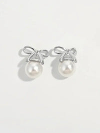925 Sterling Silver Pearl Bow Earrings