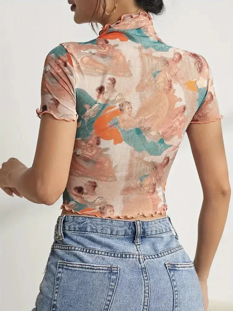 Abstract Print Ruffled Mock Neck Crop T-Shirt - Update AvenueT-ShirtsTrendsi1001003479417251001003479417255e71649c - a0f7 - 45c9 - a95a - f8b5a077bd88 - Max - OriginBurnt Coral
