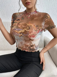 Abstract Print Ruffled Mock Neck Crop T-Shirt - Update AvenueT-ShirtsTrendsi100100347948996100100347948996c8ae2074 - cd3e - 45de - a9b5 - 4b467c8a325a - Max - OriginOchre