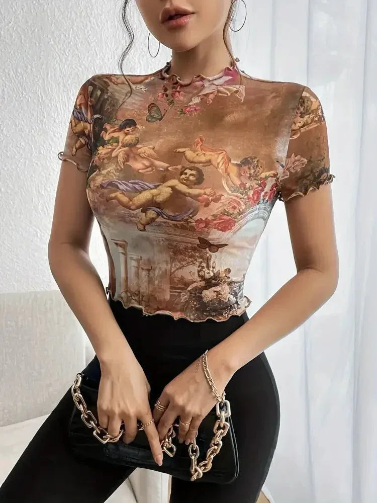 Abstract Print Ruffled Mock Neck Crop T-Shirt - Update AvenueT-ShirtsTrendsi10010034794899610010034794899670bc6a45 - a25b - 4ab9 - 9935 - ed2b692de308 - Max - OriginOchre