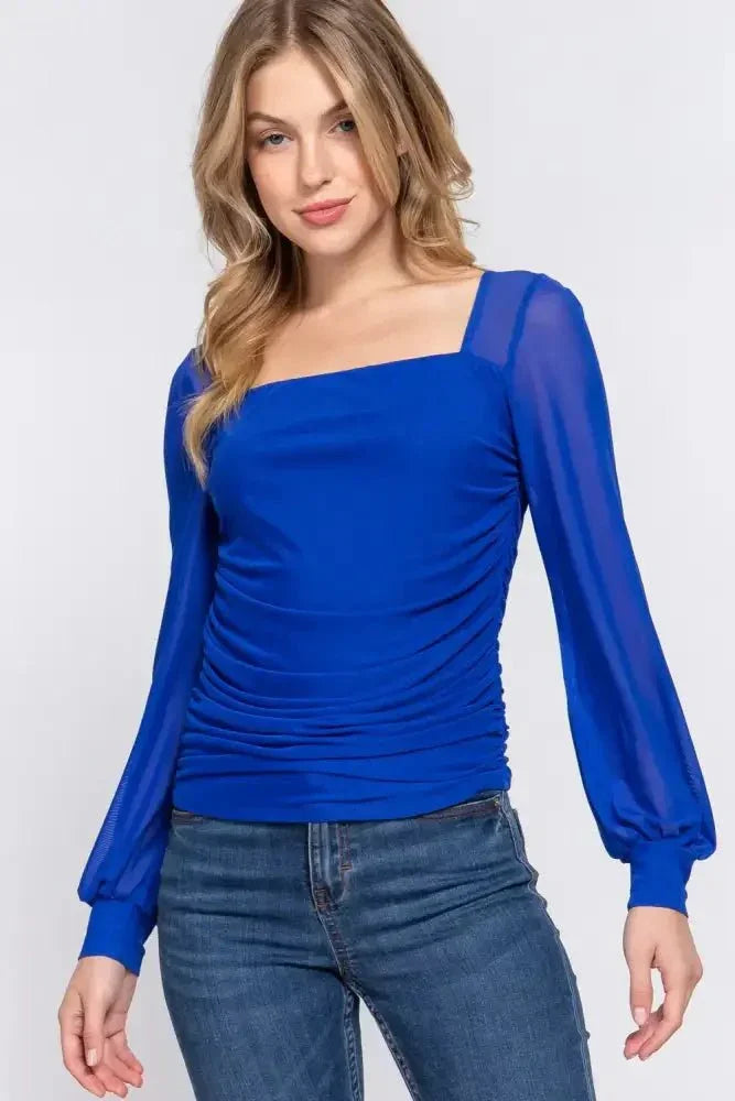 ACTIVE BASIC Square Neck Mesh Long Sleeve Shirring Top - Update AvenueTrendsi10010150527354810010150527354800f99be5 - 118c - 4395 - b4d7 - c949c54d46c2 - MaxRoyal Blue