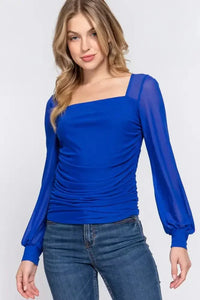 ACTIVE BASIC Square Neck Mesh Long Sleeve Shirring Top - Update AvenueTrendsi10010150527354810010150527354800f99be5 - 118c - 4395 - b4d7 - c949c54d46c2 - MaxRoyal Blue