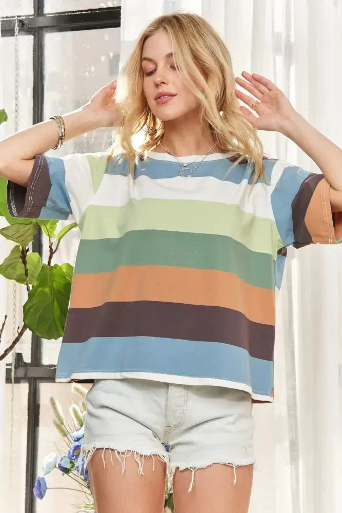 ADORA Multi Color Stripe Casual Top - Update AvenueT-ShirtsTrendsi10010063584164510010063584164598d3894de313414ca707489e83fbfbe9 - Max - OriginSAGE/OLIVE