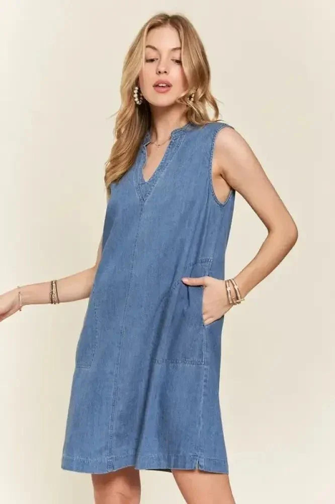 ADORA Notched Sleeveless Denim Dress with Pockets - Update AvenueDenim Dresses & SkirtsTrendsi100100655021520100100655021520441cc590 - 998e - 490c - 8a51 - 65c1b2b1da69 - MaxMedium