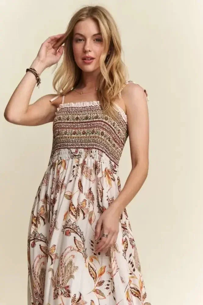 ADORA Smocked Printed Square Neck Tie Shoulder Cami Dress - Update AvenueVacation StyleTrendsi1001008390811551001008390811559dd45609 - 2b18 - 4fed - 9bc8 - 1847f9d9a435 - MaxIvory