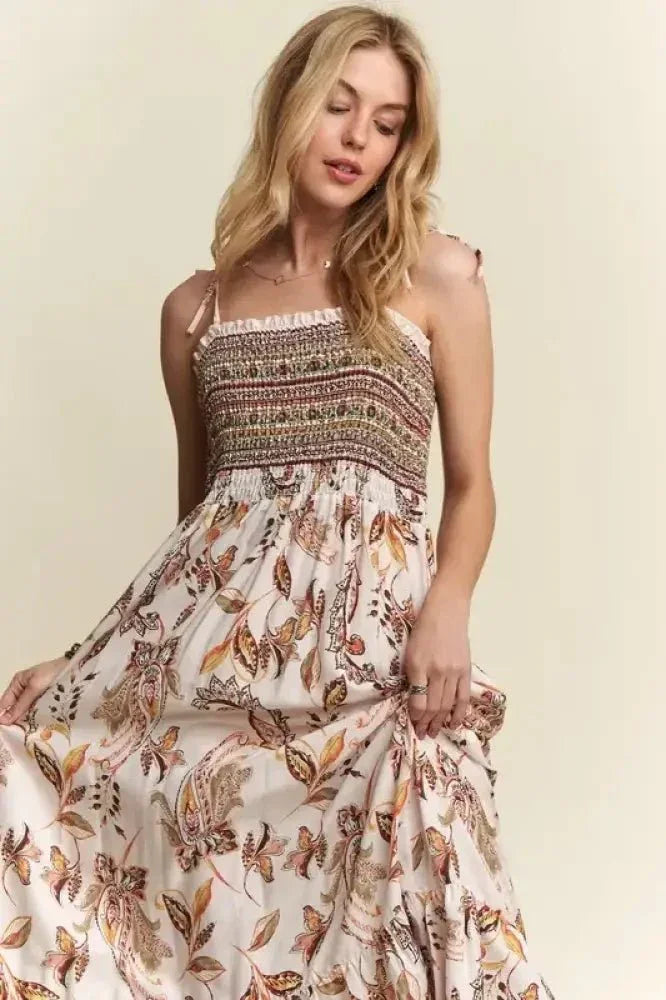 ADORA Smocked Printed Square Neck Tie Shoulder Cami Dress - Update AvenueVacation StyleTrendsi1001008390811551001008390811554363de05 - 58dc - 4aca - a280 - a8fb27e744f7 - MaxIvory