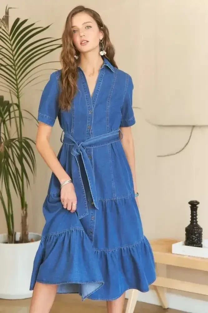 ADORA Tiered Button Down Tie Waist Short Sleeve Denim Dress - Update AvenueDenim Dresses & SkirtsTrendsi10010036095113410010036095113402e190ca - cb7a - 486a - ad21 - b005af9a8272 - MaxDark