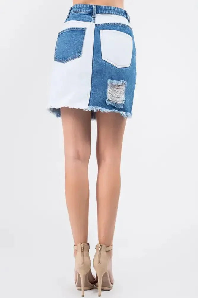 American Bazi Contrast Patched Frayed Denim Distressed Skirts - Update AvenueDenim Dresses & SkirtsTrendsi10010076644162710010076644162722934766 - bbfe - 48e3 - 9e4f - fa2a63ac7ce2 - MaxBlue/White