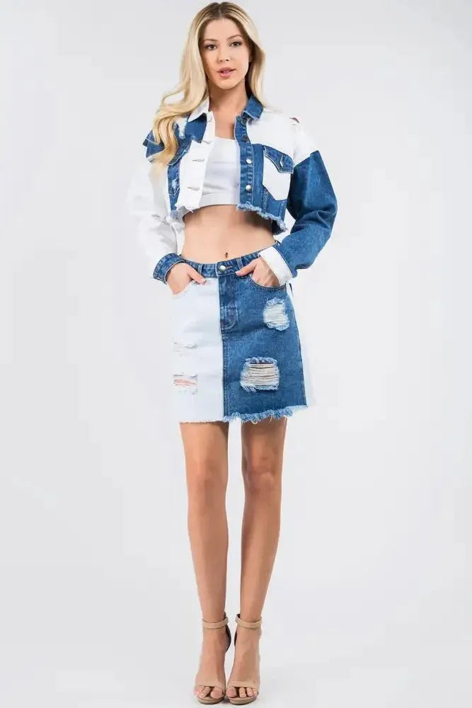 American Bazi Contrast Patched Frayed Denim Distressed Skirts - Update AvenueDenim Dresses & SkirtsTrendsi100100766441627100100766441627d70088eb - 65a9 - 4f75 - 8a04 - 4fb916f8dc1d - MaxBlue/White