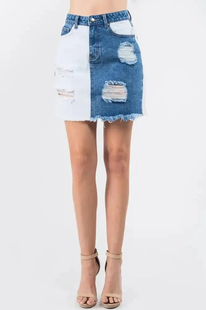 American Bazi Contrast Patched Frayed Denim Distressed Skirts - Update AvenueDenim Dresses & SkirtsTrendsi1001007664416271001007664416273c98437b - 5478 - 430d - 8686 - 7c3d64514127 - MaxBlue/White