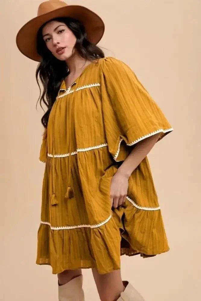 Annie Wear Tassel Contrast Trim Tie Neck Half Sleeve Tiered Dress - Update AvenueFestival VibesTrendsi1001000217715081001000217715082ad2997f - 643a - 4b4c - bc85 - dda15a51b697 - MaxMustard