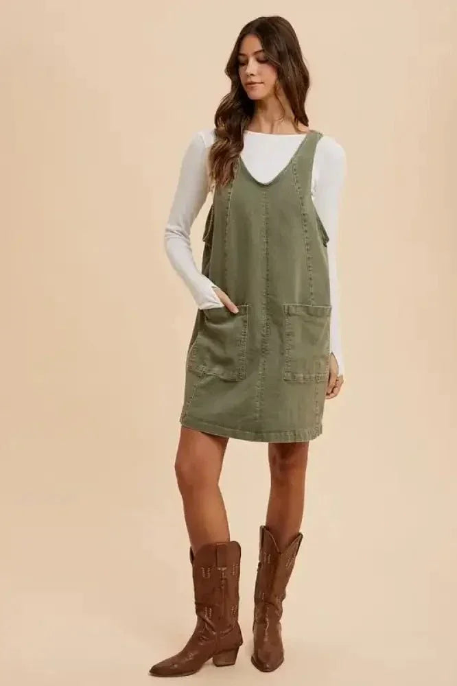 Annie Wear V - Neck Adjustable Strap Denim Overall Dress with Pockets - Update AvenueDenim Dresses & SkirtsTrendsi10010058769918910010058769918990fcb81b - e30c - 434f - b334 - 5f48bcada7cd - MaxArmy Green