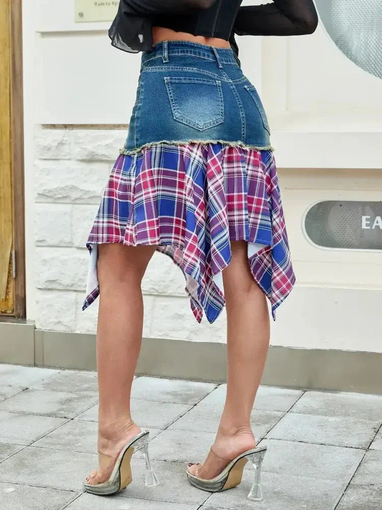 Asymmetric Plaid Hem Denim Skirt - Update AvenueTrendsi1001000058430981001000058430984e681f36c7974201979b92997e461230 - Max - OriginNavy Blue