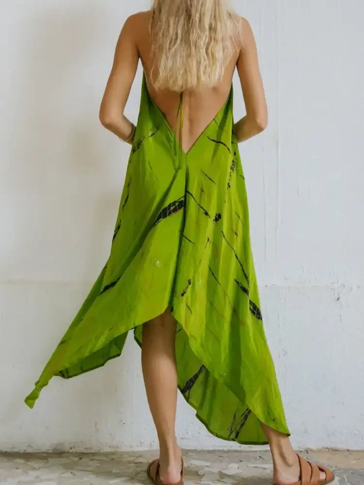 Asymmetrical Hem Printed Halter Neck Dress