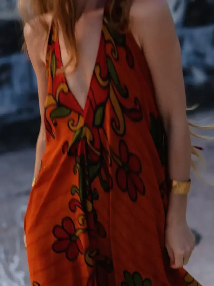 Asymmetrical Hem Printed Halter Neck Dress