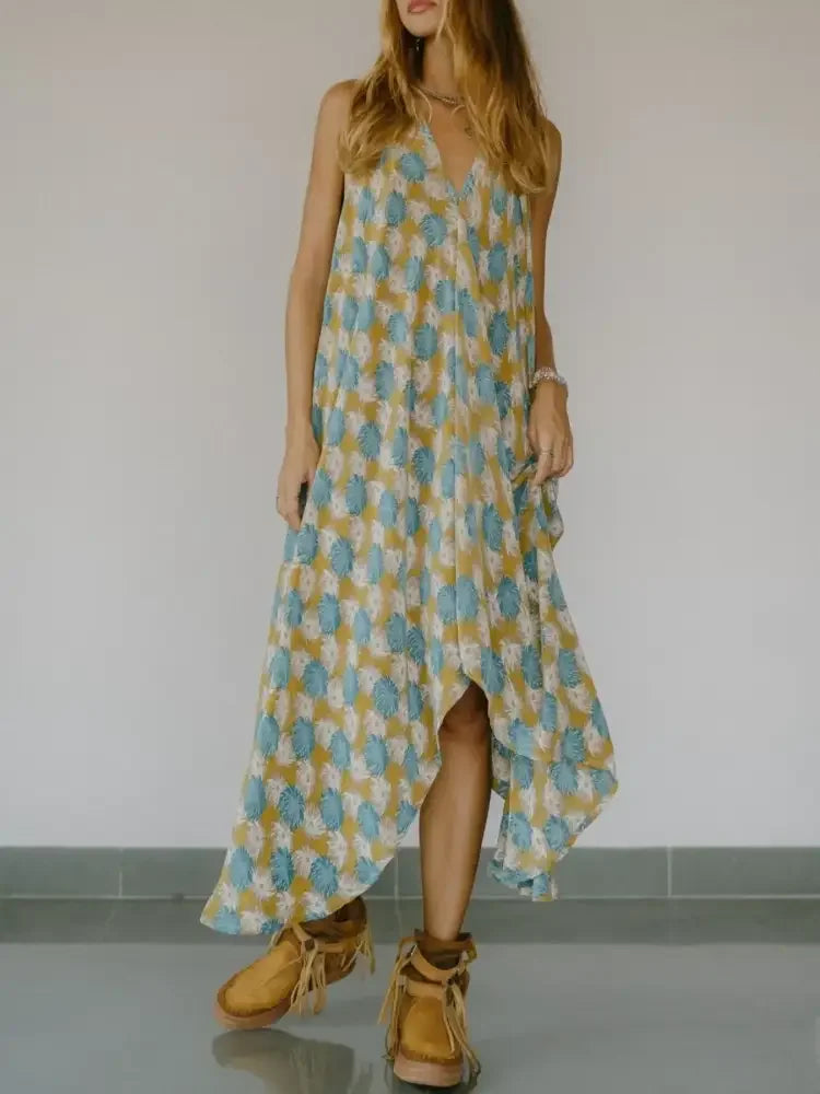 Asymmetrical Hem Printed Halter Neck Dress