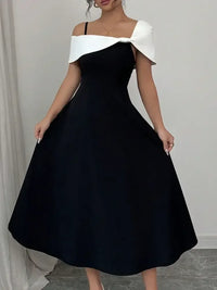 Asymmetrical Neck Contrast Midi Dress