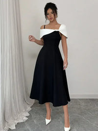 Asymmetrical Neck Contrast Midi Dress