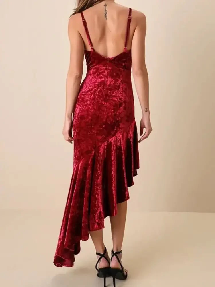Asymmetrical Velvet Cami Dress with Ruffle Hem