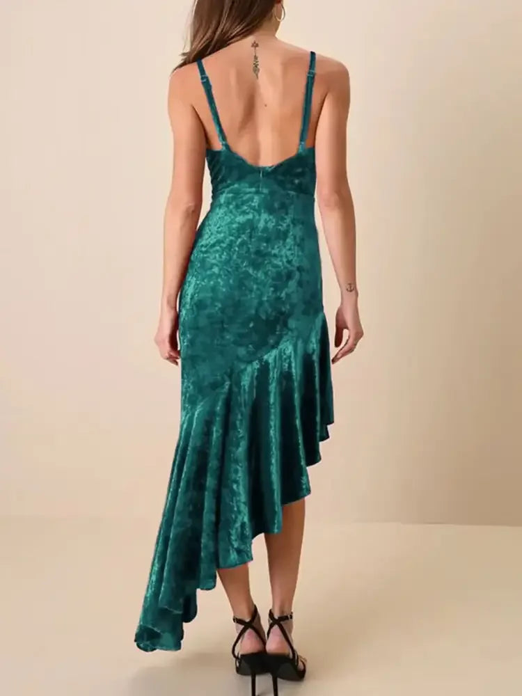 Asymmetrical Velvet Cami Dress with Ruffle Hem