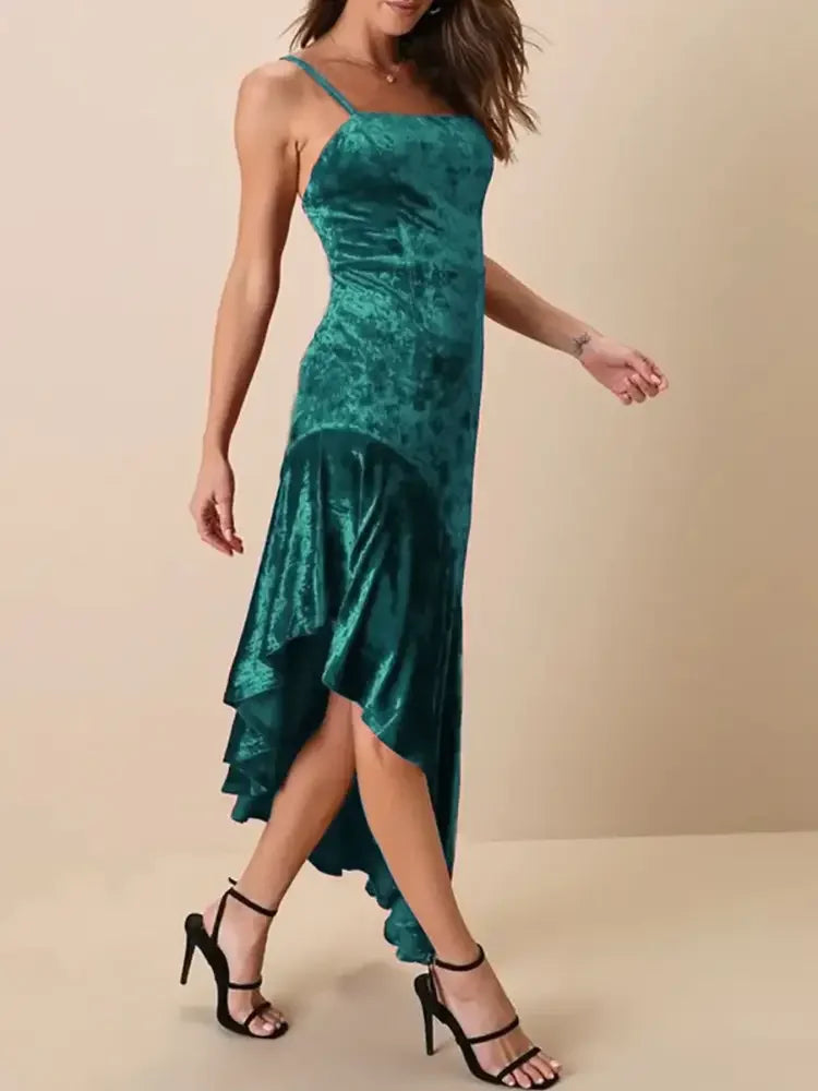 Asymmetrical Velvet Cami Dress with Ruffle Hem