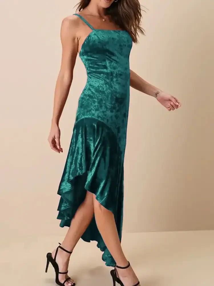 Asymmetrical Velvet Cami Dress with Ruffle Hem