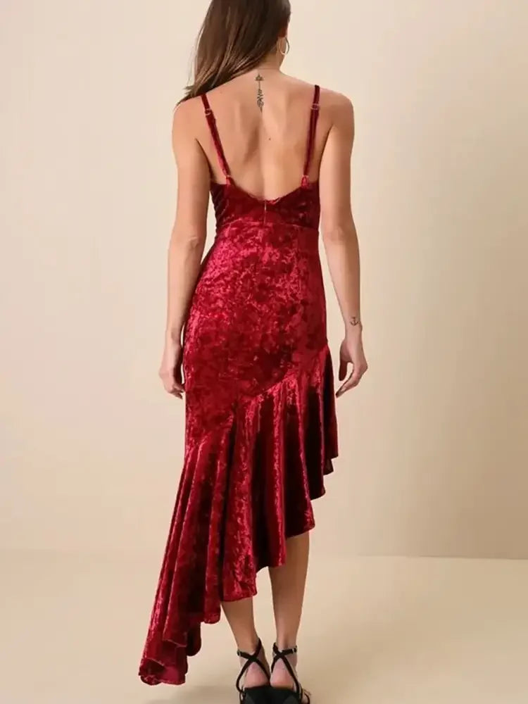 Asymmetrical Velvet Cami Dress with Ruffle Hem