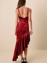 Asymmetrical Velvet Cami Dress with Ruffle Hem